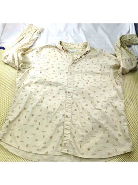 Sonoma XXL Beige Button-Up Shirt All Over Camping Themed Print Long Sleeves Ches
